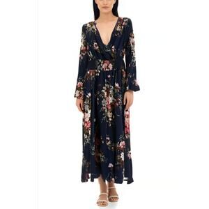 PKC Collection Summer Floral midi dress smocked long sleeve Eggplant Purple 2XL
